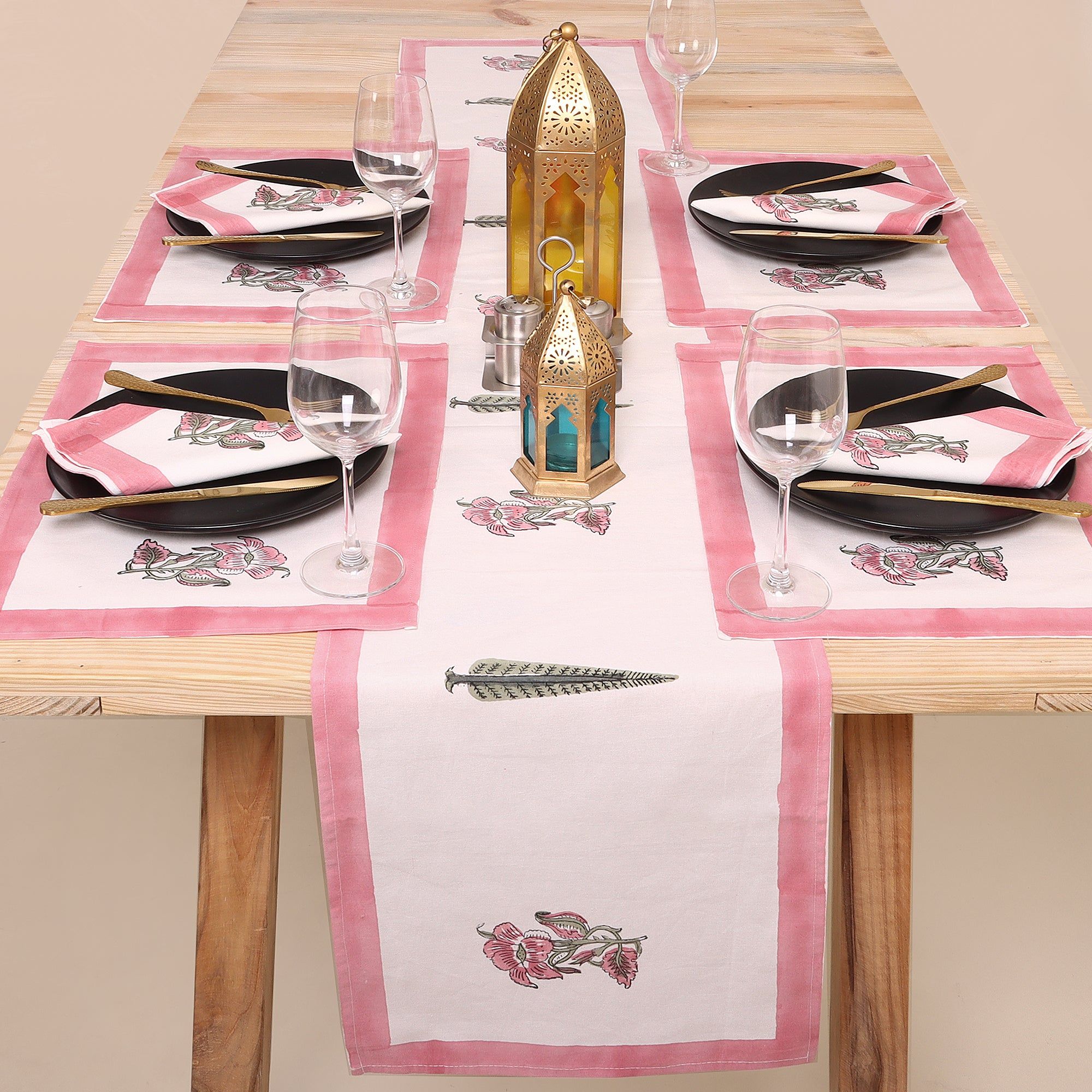 Pink Hand Block Printed Cotton Dining Table Mats And Runners